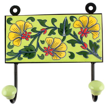 Pea Green Floral Ceramic Tile Hook